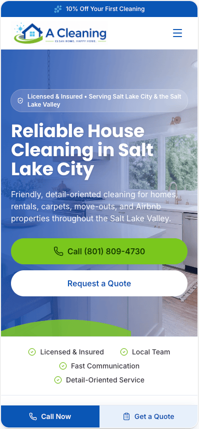 Mobile website design for A Cleaning Utah