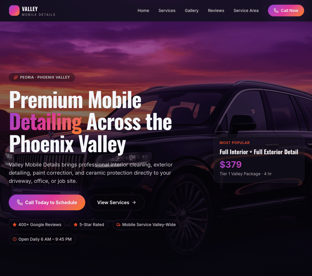 Homepage design for Valley Mobile Detailing website.
