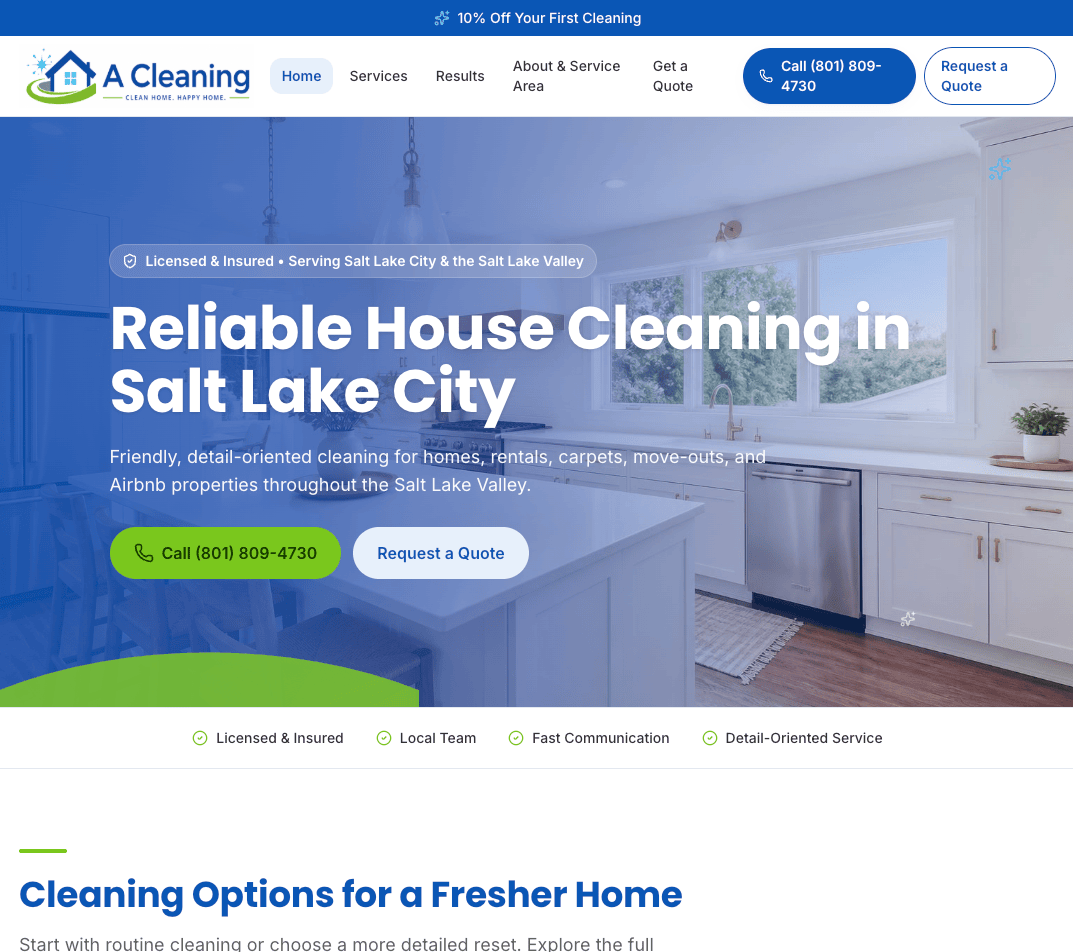 Homepage design for A Cleaning Utah residential cleaning website.
