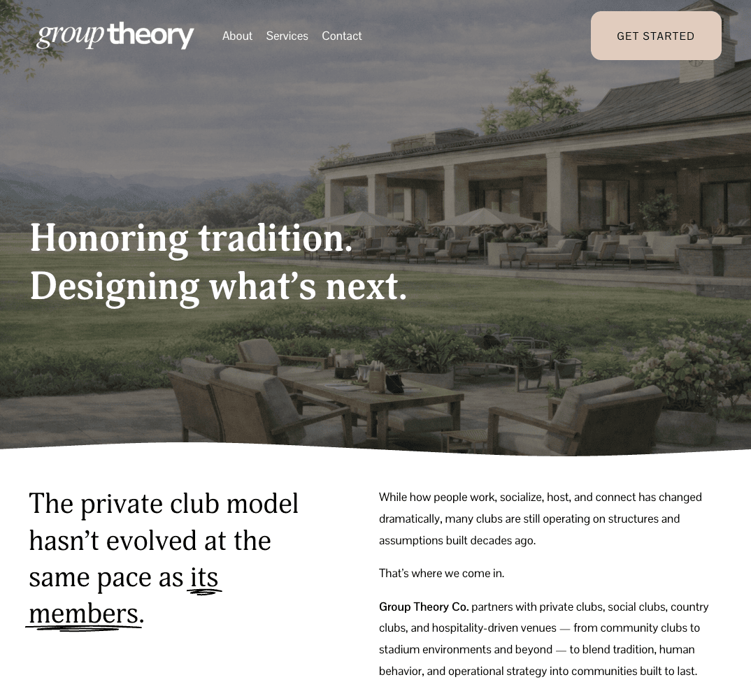 Homepage design for Group Theory sales consulting website.